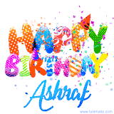 Animated GIF with colorful, festive 'Happy Birthday Ashraf' text decorated with patterns, a party hat, and falling confetti. A vibrant and cheerful design for birthday celebrations.