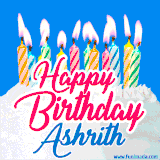 A cheerful animated GIF featuring colorful lit birthday candles on a white cake, with the text 'Happy Birthday Ashrith' in bold red and blue script on a bright blue background.