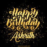 Animated GIF with colorful, festive 'Happy Birthday Ashrith' text decorated with patterns, a party hat, and falling confetti. A vibrant and cheerful design for birthday celebrations.