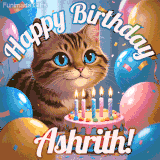 A playful tabby cat sits behind a colorful birthday cake surrounded by balloons and confetti, with 'Happy Birthday Ashrith!' written above in festive letters.