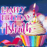 A festive animated GIF featuring a colorful cupcake with a single lit candle, sprinkles, and 'Happy Birthday Ashrith' text against a sparkling, celebratory background.