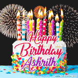 A lively happy birthday animated GIF showcasing a colorful birthday cake covered in sprinkles, topped with glowing candles, and surrounded by vibrant fireworks. The name 'Ashrith' is featured in elegant script.
