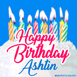 A cheerful animated GIF featuring colorful lit birthday candles on a white cake, with the text 'Happy Birthday Ashtin' in bold red and blue script on a bright blue background.