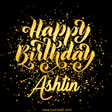 Animated GIF with colorful, festive 'Happy Birthday Ashtin' text decorated with patterns, a party hat, and falling confetti. A vibrant and cheerful design for birthday celebrations.