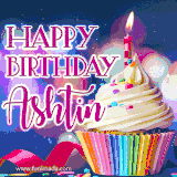 A festive animated GIF featuring a colorful cupcake with a single lit candle, sprinkles, and 'Happy Birthday Ashtin' text against a sparkling, celebratory background.