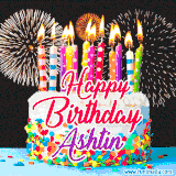 A lively happy birthday animated GIF showcasing a colorful birthday cake covered in sprinkles, topped with glowing candles, and surrounded by vibrant fireworks. The name 'Ashtin' is featured in elegant script.