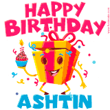 A funny animated birthday GIF with the words 'Happy Birthday Ashtina', colorful gift box with arms and legs, holding a cupcake with a lit candle  with confetti everywhere.