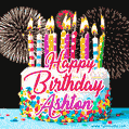 Amazing Animated GIF Image for Ashton with Birthday Cake and Fireworks