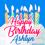 A cheerful animated GIF featuring colorful lit birthday candles on a white cake, with the text 'Happy Birthday Ashtyn' in bold red and blue script on a bright blue background.