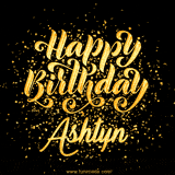 Animated GIF with colorful, festive 'Happy Birthday Ashtyn' text decorated with patterns, a party hat, and falling confetti. A vibrant and cheerful design for birthday celebrations.