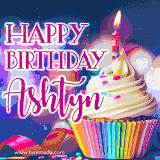 A festive animated GIF featuring a colorful cupcake with a single lit candle, sprinkles, and 'Happy Birthday Ashtyn' text against a sparkling, celebratory background.