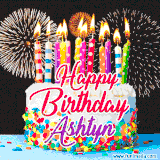 A lively happy birthday animated GIF showcasing a colorful birthday cake covered in sprinkles, topped with glowing candles, and surrounded by vibrant fireworks. The name 'Ashtyn' is featured in elegant script.