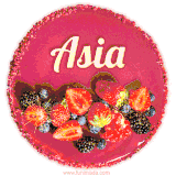 Beautifully decorated red velvet berry birthday cake with vibrant fruits and a glowing 'Asia' name, adding a touch of sweetness and sparkle.