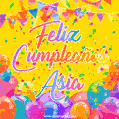 A bright and festive GIF with the text 'Feliz Cumpleaños Asia' in Spanish in colorful fonts, surrounded by confetti, balloons, and festive banners on a vibrant yellow background.