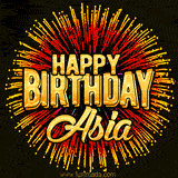 Golden 'Happy Birthday Asia' text accompanied by animated rainbow fireworks for a festive animated greeting.
