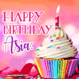 A vibrant birthday GIF featuring a rainbow-colored cupcake topped with white frosting, sprinkles, and a lit candle. The text reads 'Happy Birthday Asia' in bold pink and violet letters with white outline.