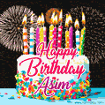 Amazing Animated GIF Image for Asim with Birthday Cake and Fireworks