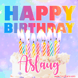 A vibrant animated name GIF with the words 'Happy Birthday Aslaug' with colorful candles on a creamy cake. The background sparkles with pastel shades, adding a festive touch.