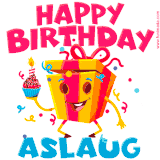A vibrant and funny gift box character with a happy face dancing with a cupcake and the text 'Happy Birthday Aslaug,' surrounded by animated confetti and party vibes.