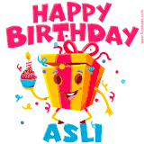 A vibrant and funny gift box character with a happy face dancing with a cupcake and the text 'Happy Birthday Asli,' surrounded by animated confetti and party vibes.