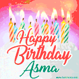 Bright birthday candles with rainbow flames on a cake, alongside the text 'Happy Birthday Asma' in vibrant script in this celebratory animated GIF.