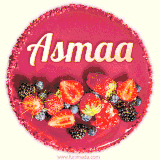 Beautifully decorated red velvet berry birthday cake with vibrant fruits and a glowing 'Asmaa' name, adding a touch of sweetness and sparkle.