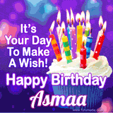 A colorful birthday GIF for Asmaa featuring a cupcake with vibrant lit candles and the text 'It's Your Day to Make a Wish! Happy Birthday Asmaa' in bold letters on a festive purple background.