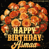 Animated bouquet of orange roses with moving butterfles and golden 'Happy Birthday Asmaa' text, surrounded by sparkling accents and a dark backdrop for a luxurious feel.