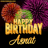 A golden 'Happy Birthday Asnat' message with vibrant fireworks in the background, creating a festive and celebratory vibe in this animated name GIF.