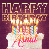 A colorful birthday cake topped with lit candles, with the words 'Happy Birthday Asnat' in bold glowing letters on a burgundy background. Animated flames add a festive touch.