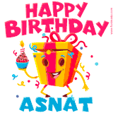 A vibrant and funny gift box character with a happy face dancing with a cupcake and the text 'Happy Birthday Asnat,' surrounded by animated confetti and party vibes.