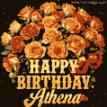 Beautiful bouquet of orange and red roses for Athena, golden inscription and twinkling stars