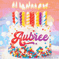 Personalized for Aubree elegant birthday cake adorned with rainbow sprinkles, colorful candles and glitter