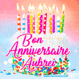 A white birthday cake covered in colorful sprinkles, topped with bright candles, and French text 'Bon Anniversaire Aubrei' on a pastel gradient background in an animated GIF.