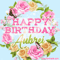 A charming animated GIF featuring 'Happy Birthday Aubrei' in pink and green text, surrounded by delicate roses, leaves, and fluttering butterflies on a soft light blue pastel background.