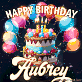 Bright birthday animation for Aubrey with a chocolate cake, candles, balloons, and glowing celebratory lights.