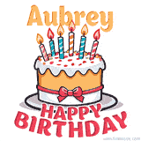 Cartoon birthday cake with a red bow, glowing candles, and 'Aubrey Happy Birthday' text in bold animated style.