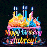 A mesmerizing animated cake with multicolor frosting and candles, and the words 'Happy Birthday Aubrey' on the black background.