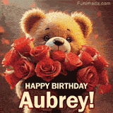 Cinematic style cute animated teddy bear with charming features holding a large bouquet of red roses, the words say 'Happy Birthday Aubrey' in sans serif font.