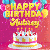 Pink-themed animated greeting with balloons, confetti, and a frosted cake under the message 'Happy Birthday Aubrey' in bold rounded yellow font.