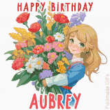 Bright floral birthday animation for Aubrey showing a cute cartoon girl with golden hair and expressive eyes holding a huge bouquet, surrounded by birthday text.