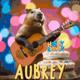 Animated birthday GIF showing a capybara playing guitar and singing beside a birthday cake with the name Aubrey in large letters and colorful bokeh lights in the background.