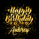 Animated GIF with colorful, festive 'Happy Birthday Aubrey' text decorated with patterns, a party hat, and falling confetti. A vibrant and cheerful design for birthday celebrations.
