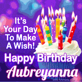 A colorful birthday GIF for Aubreyanna featuring a cupcake with vibrant lit candles and the text 'It's Your Day to Make a Wish! Happy Birthday Aubreyanna' in bold letters on a festive purple background.