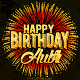 Golden 'Happy Birthday Aubri' text accompanied by animated rainbow fireworks for a festive animated greeting.