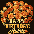 Beautiful bouquet of orange and red roses for Aubrie, golden inscription and twinkling stars