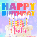 A vibrant animated name GIF with the words 'Happy Birthday Auda' with colorful candles on a creamy cake. The background sparkles with pastel shades, adding a festive touch.