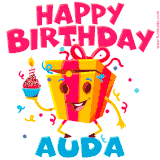 A vibrant and funny gift box character with a happy face dancing with a cupcake and the text 'Happy Birthday Auda,' surrounded by animated confetti and party vibes.
