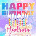Animated Happy Birthday Cake with Name Audrina and Burning Candles