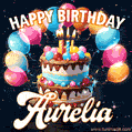 Hand-drawn happy birthday cake adorned with an arch of colorful balloons - name GIF for Aurelia